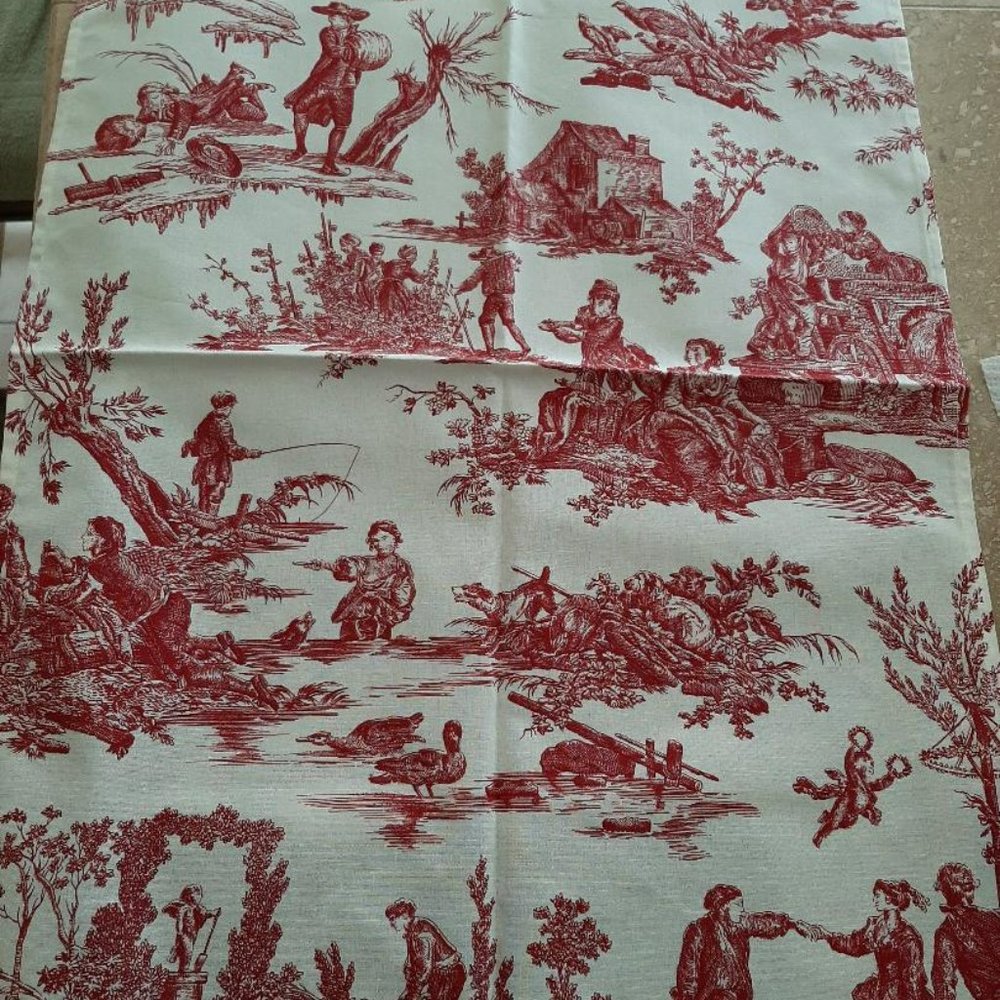 Torchon Toile De Jouy Red Linen Cloth from Paris NEW Tablecloth Runner